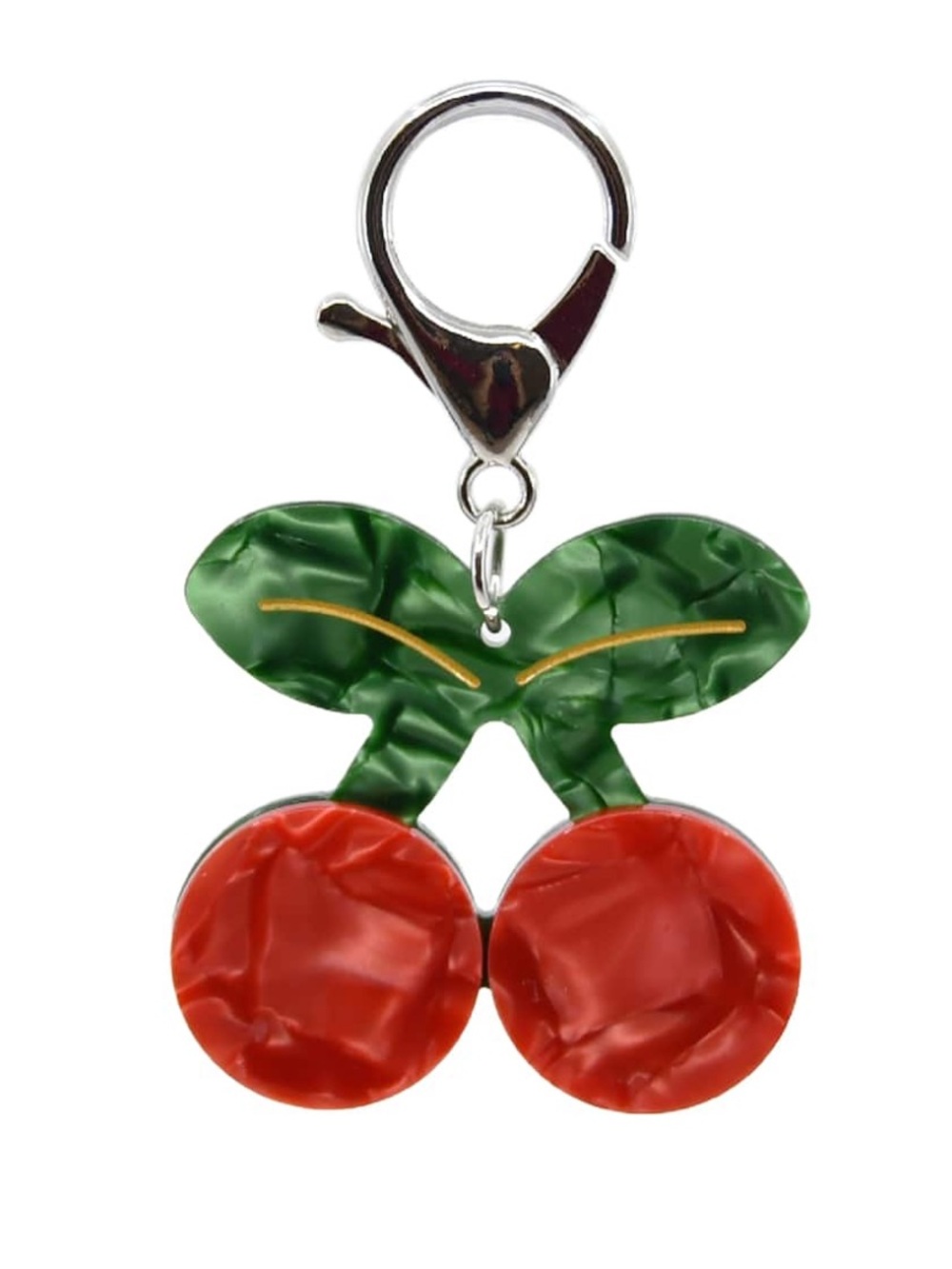 Cherry Bag Charm Pearlescent Red and Green Lobster Claw Keychain - Picture 7 of 8